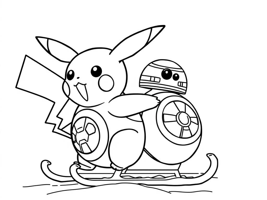 Preview of pikachu and bb8 riding a sled