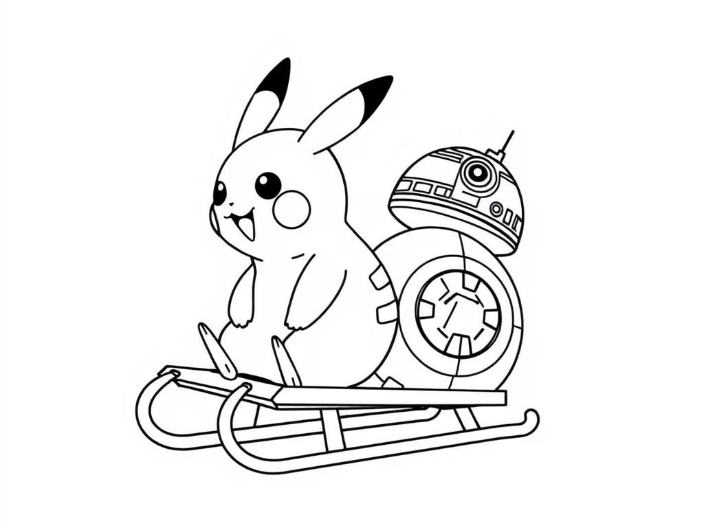 Preview of pikachu and bb8 riding a sled