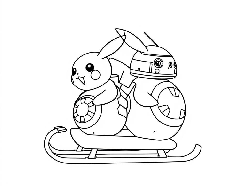 Preview of pikachu and bb8 riding a sled