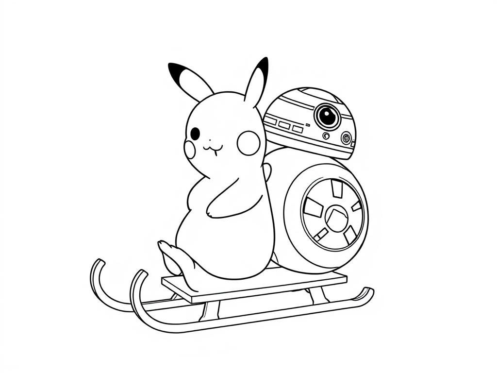 Preview of pikachu and bb8 riding a sled