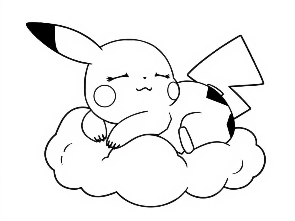 Preview of Pikachu coloring page showing Pikachu sleeping peacefully on a fluffy cloud.