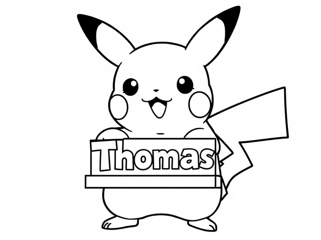 Pikachu holding Thomas name - Free Printable Coloring Page