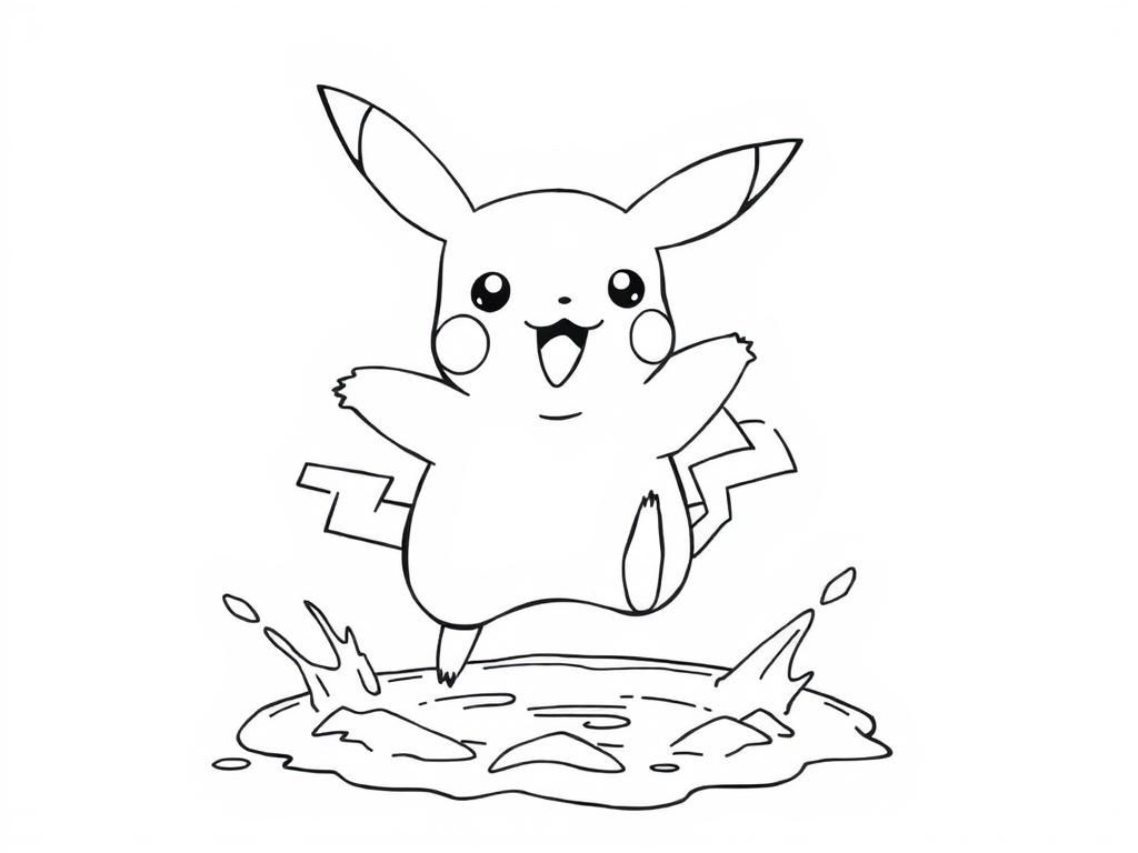 pikachu jumping in a muddy puddle - Free Printable Coloring Page