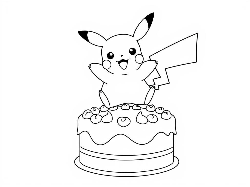 pikachu jumping over a cake - Free Printable Coloring Page