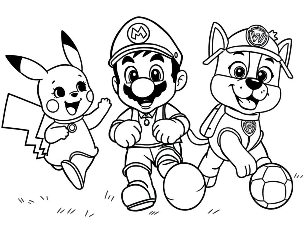 Preview of Pikachu, Mario and Rubble from the PAW patrol playing soccer