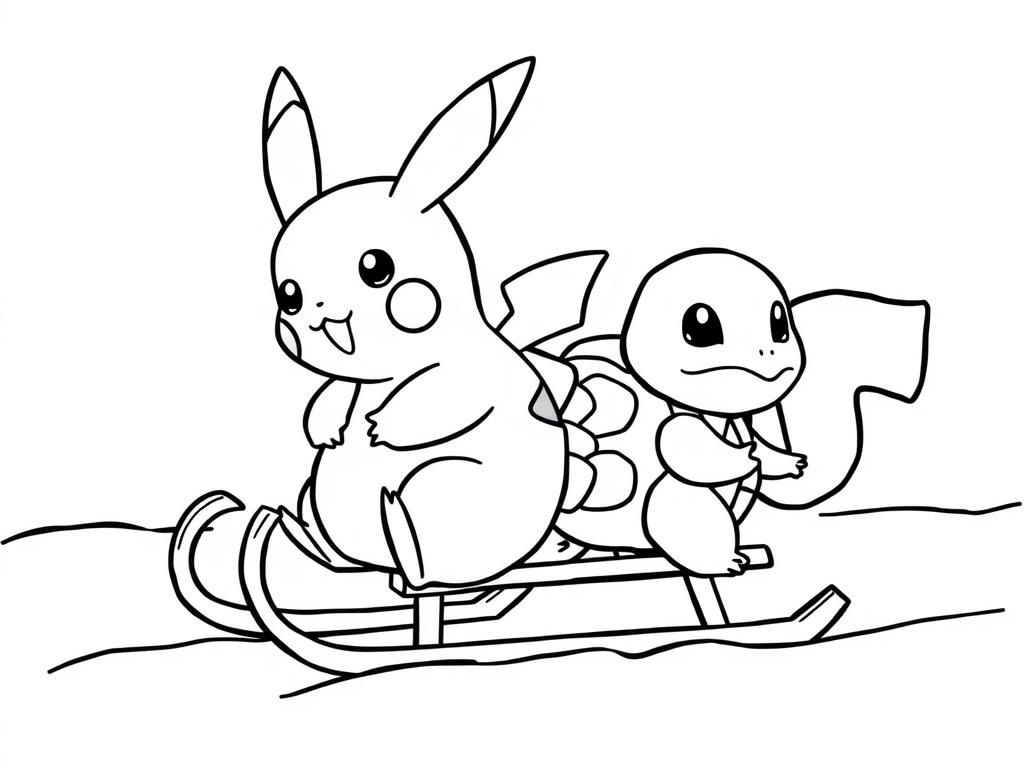 Preview of pikachu on a sled with squrtle in jurasic word