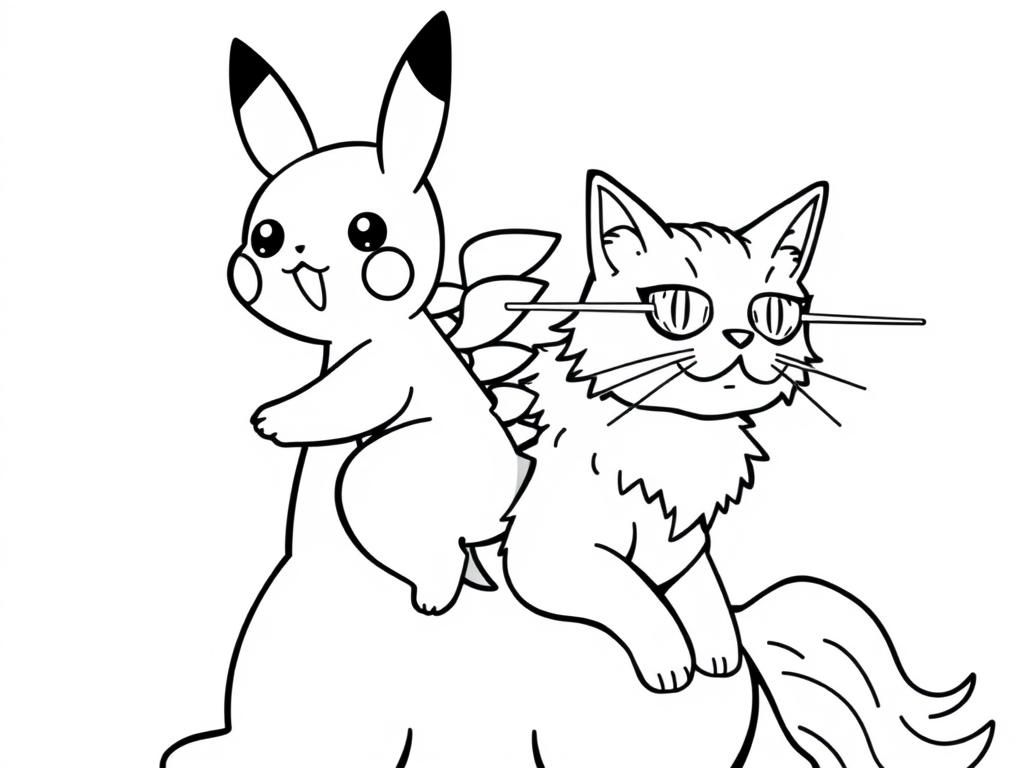 Pikachu and Cat Coloring Page for Kids