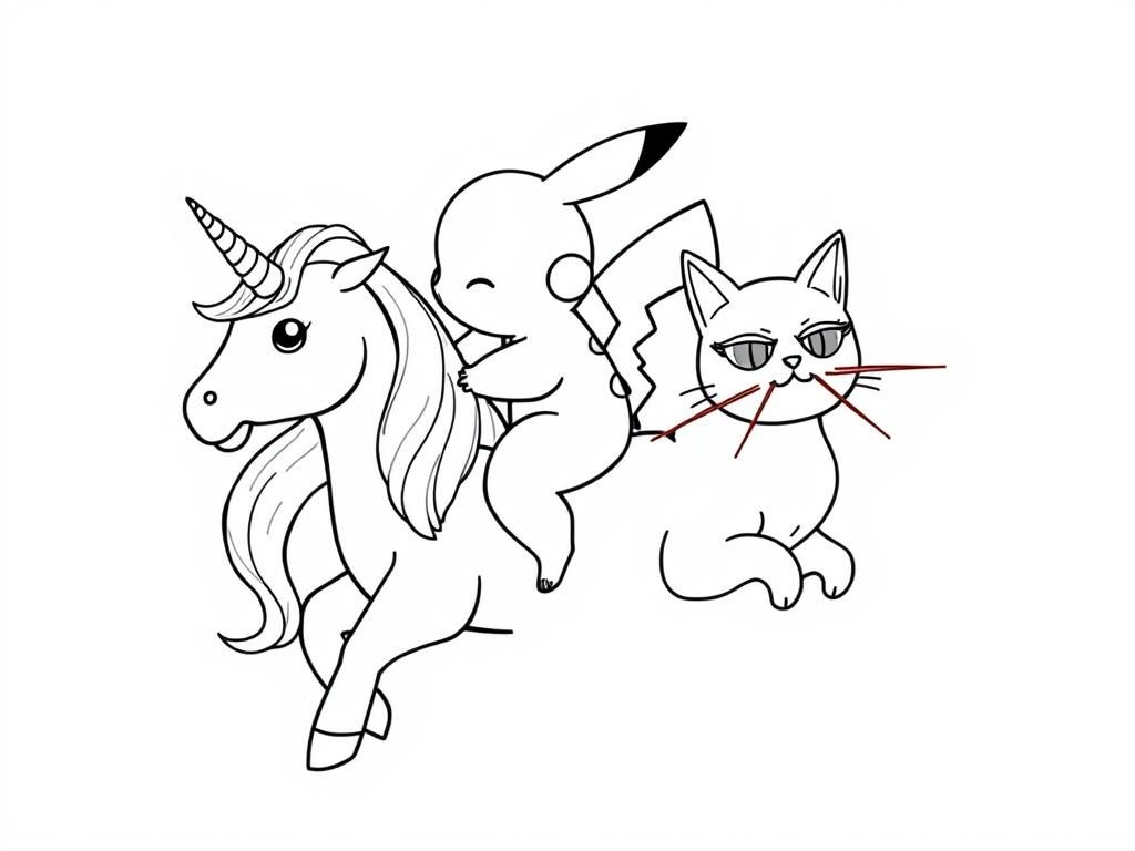 Preview of Pikachu riding on a unicorn together with a cat with laser eyes