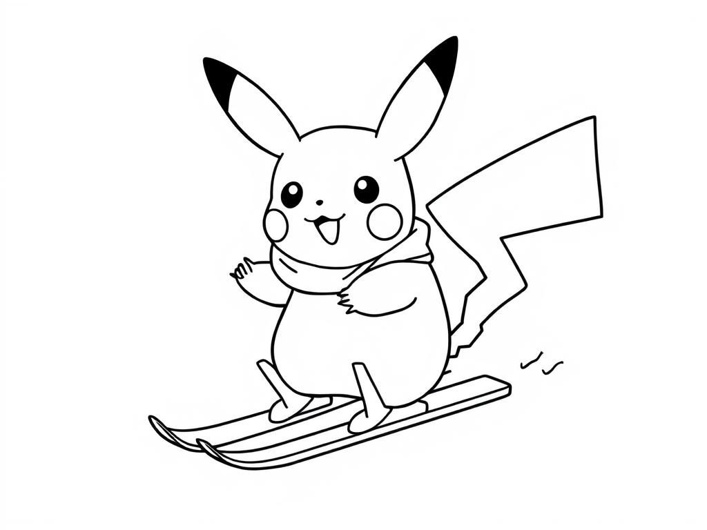 Pikachu skiing - Free Printable Coloring Page