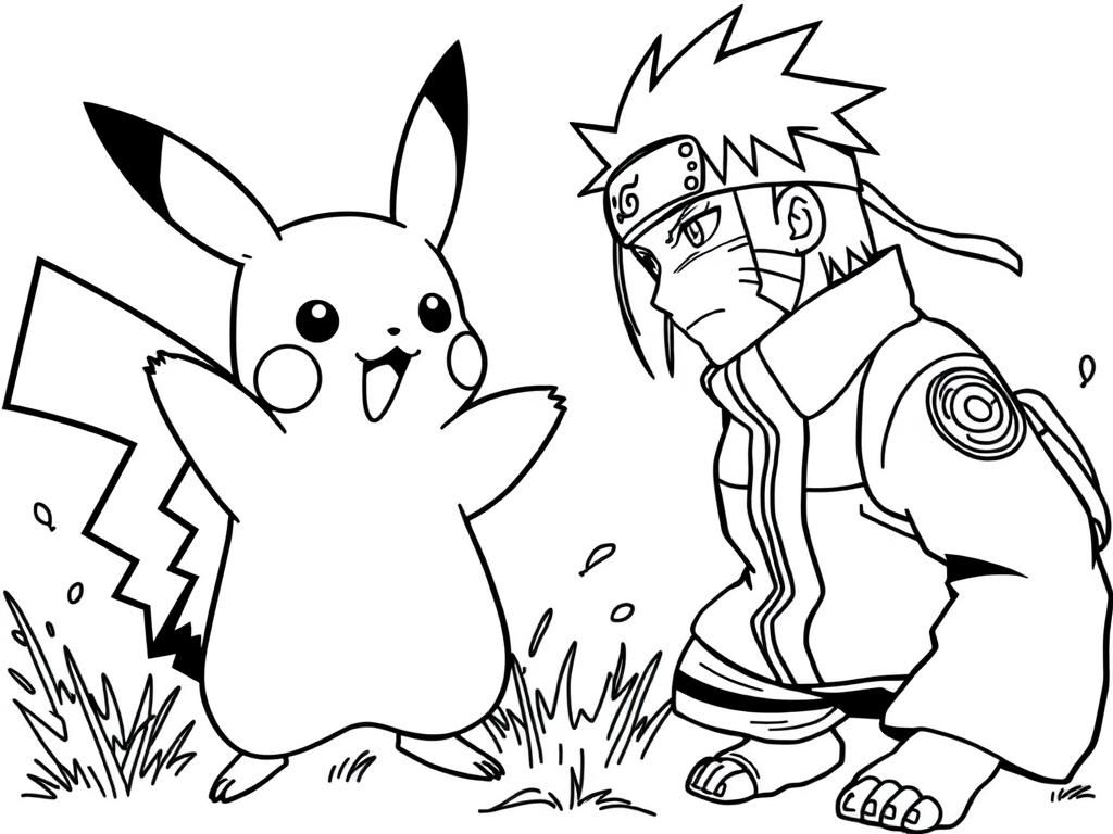 Kleurplaat van Pikachu en Naruto's vrienden