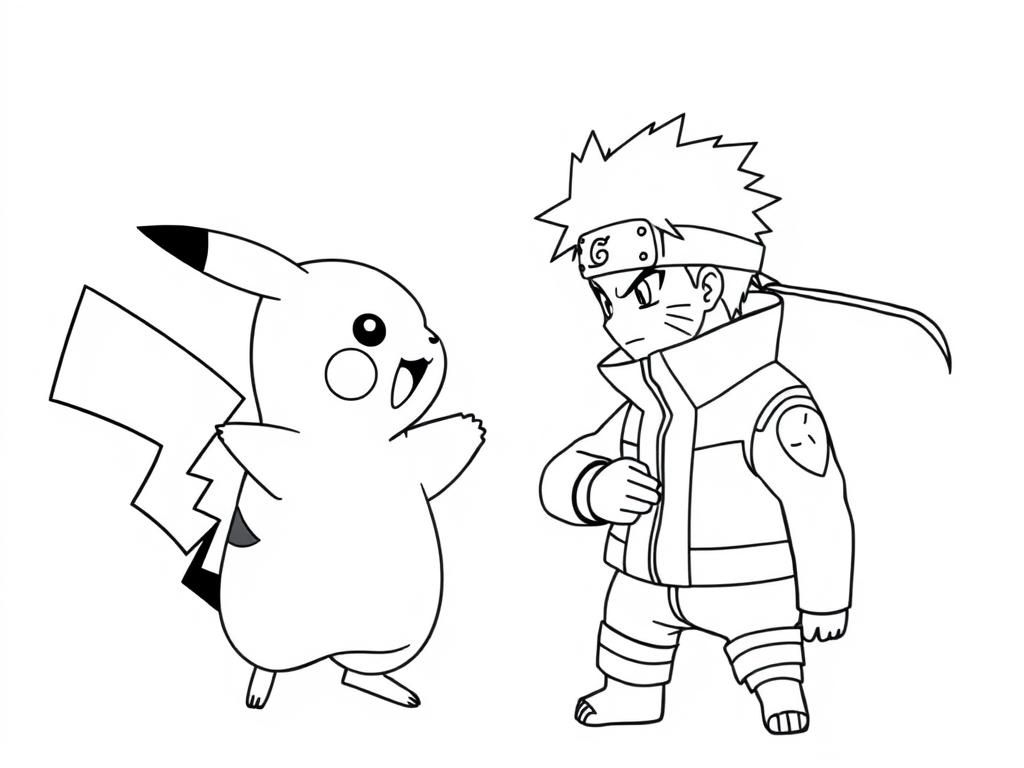 Kleurplaat van Naruto en Pikachu en zijn vrienden