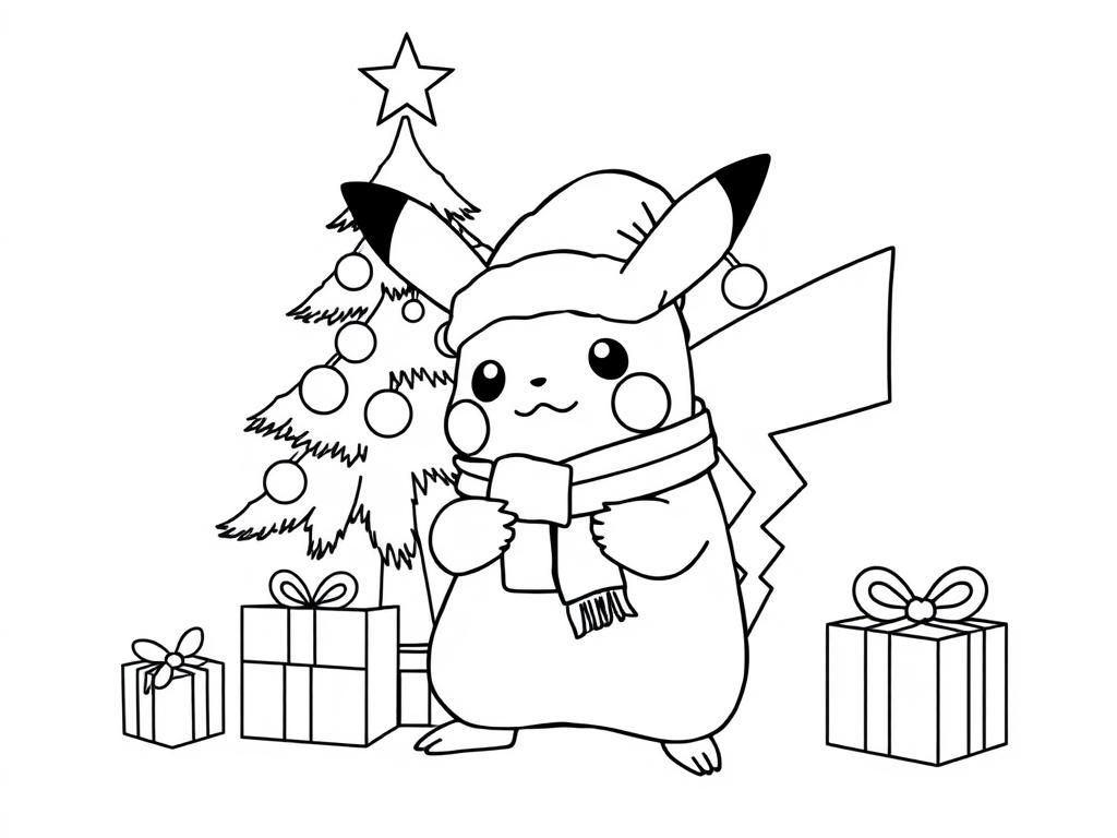 Preview of pikachu with a christmast tree, gifts and Santa Claus