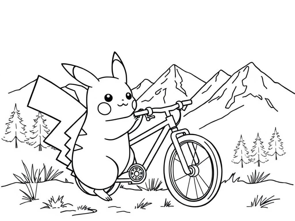 Pikachu writing a bike in the mountains