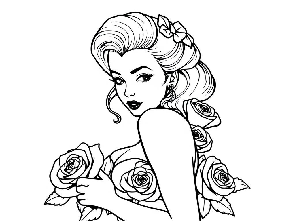 Coloring Page of Beautiful Woman with Roses