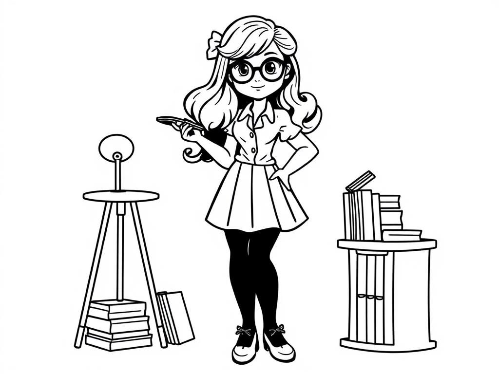 Girl in Library Coloring Page