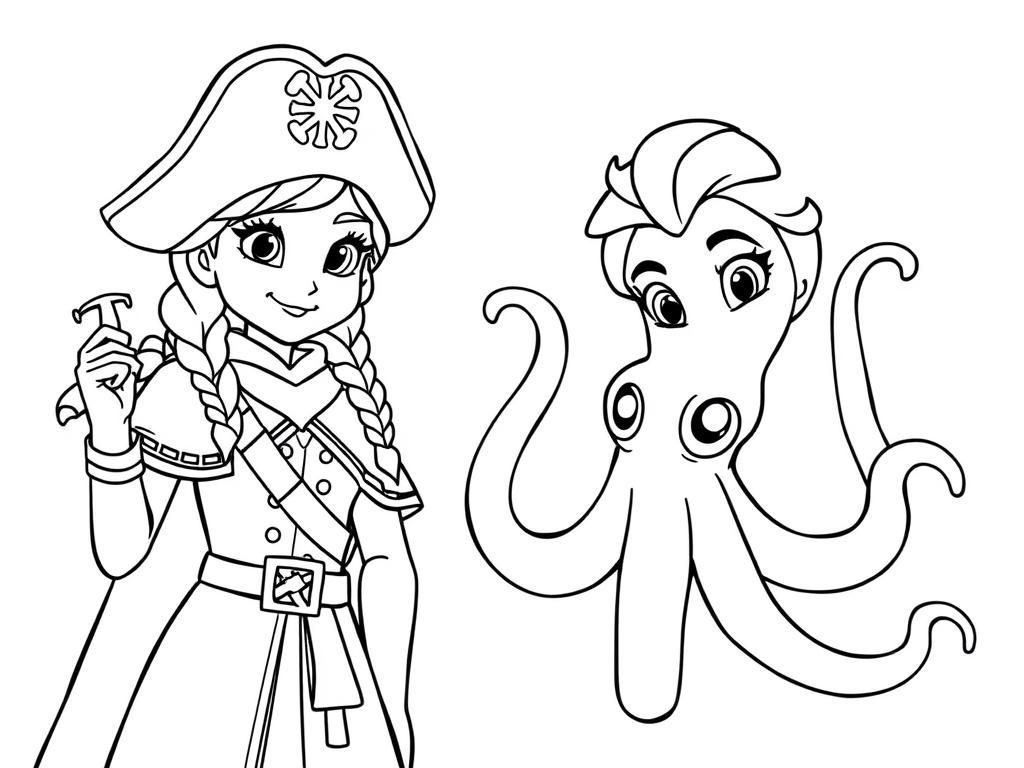 Pirate Girl and Octopus Coloring Page