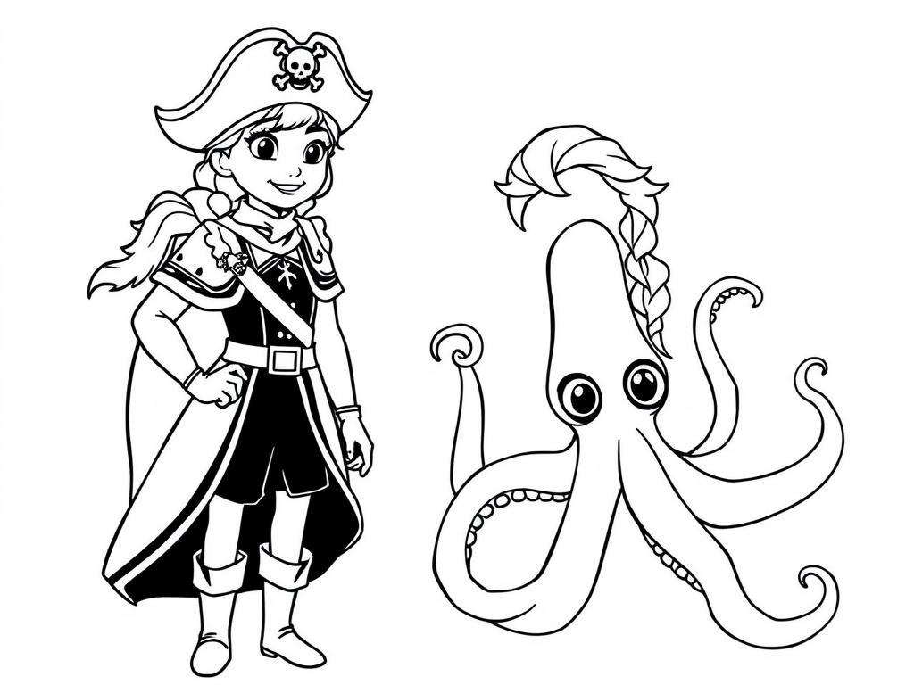 Pirate Girl and Octopus Coloring Page