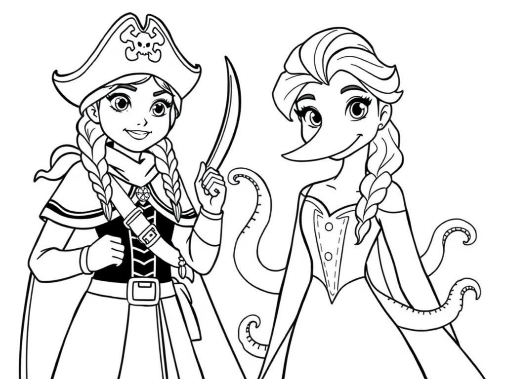 Disney Princesses Pirate and Octopus Coloring Page