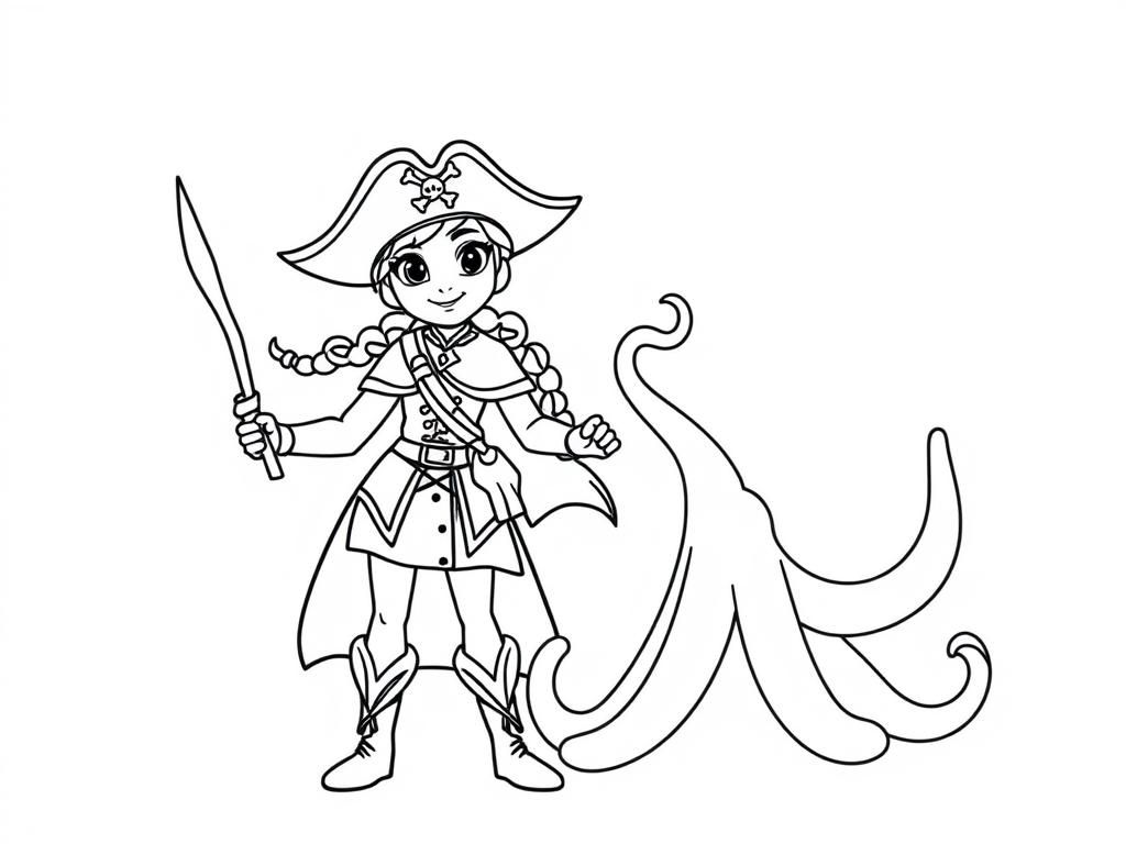 Pirate Girl with Octopus Coloring Page