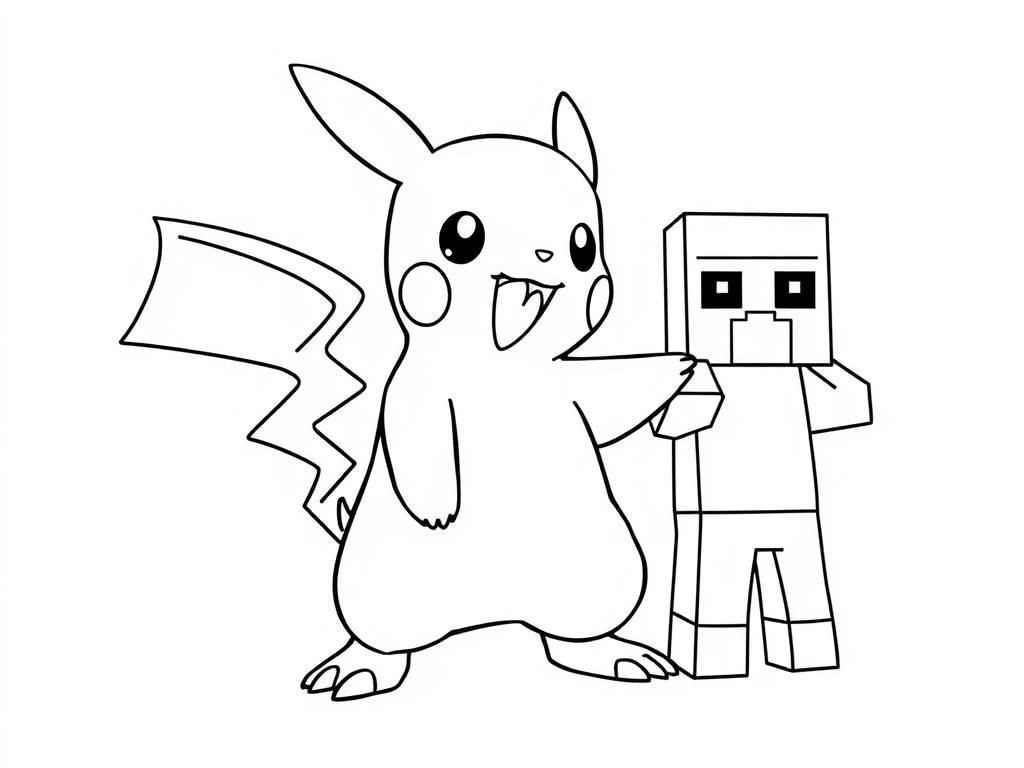 Pikachu and Minecraft Coloring Page