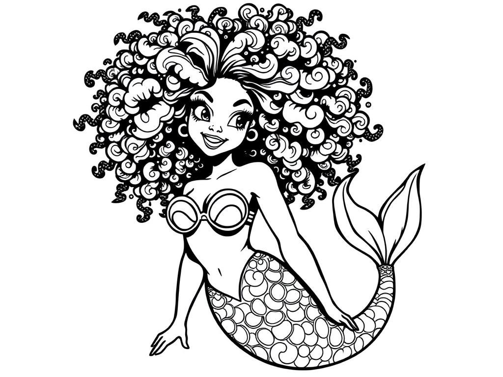 Mermaid with Curly Hair Coloring Page