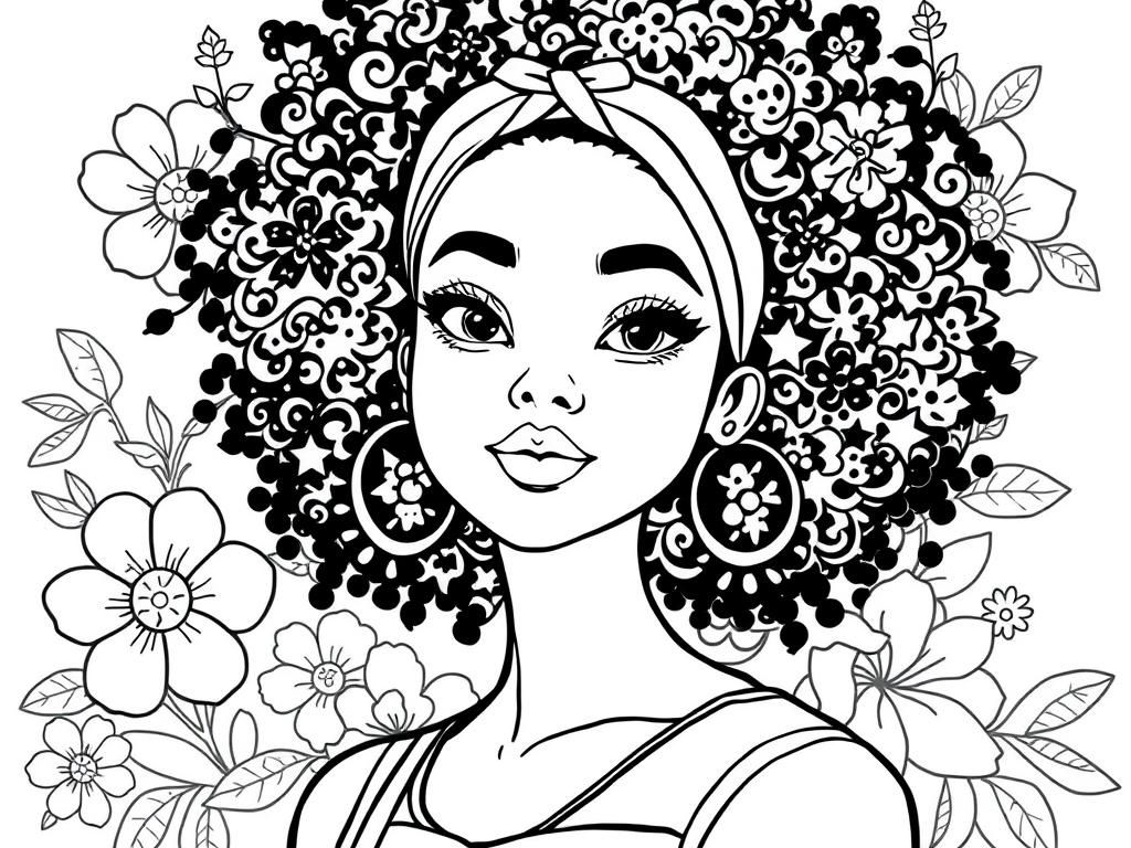 Pretty fashionable girl with afro curly hair. floral background. Half body - Free Printable Coloring Page