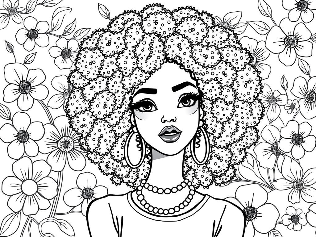 Pretty fashionable girl with afro curly hair. floral background. Not too many back lines - Free Printable Coloring Page