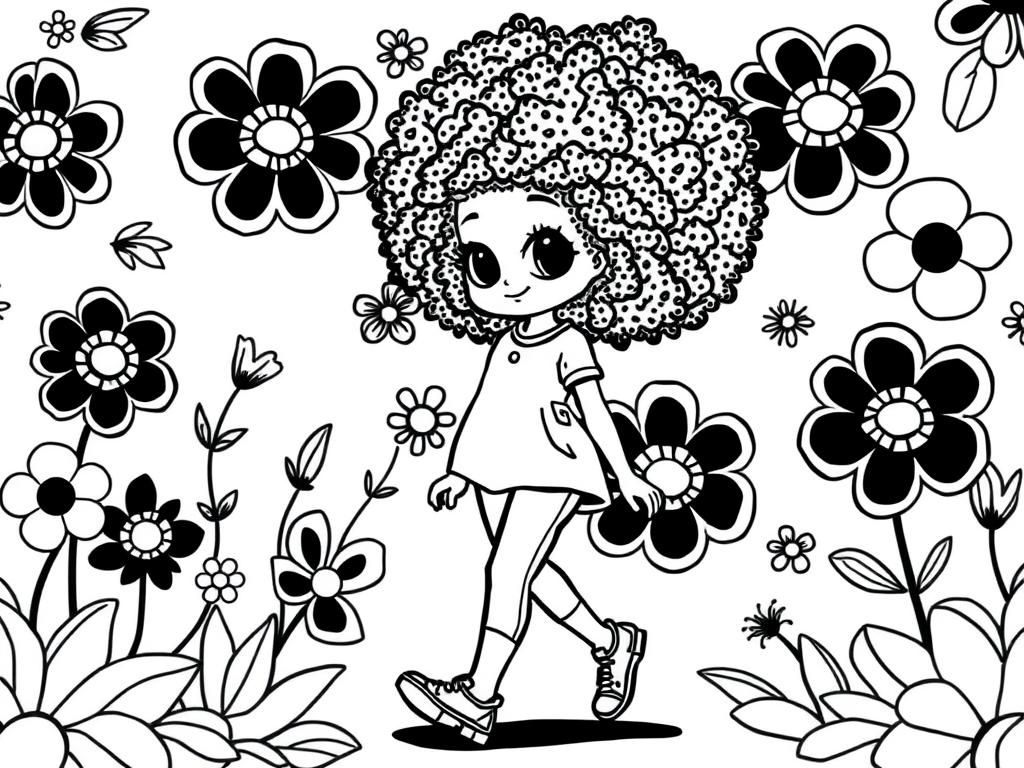 Pretty fashionable girl with afro curly hair. floral background walking