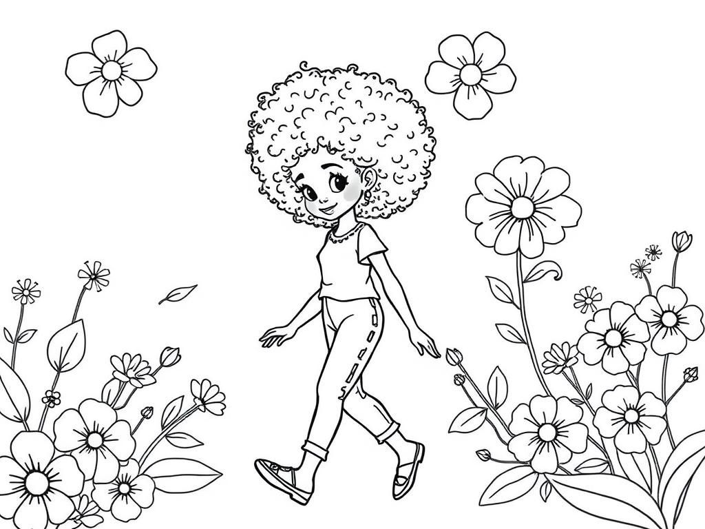 Pretty fashionable girl with afro curly hair. floral background walking