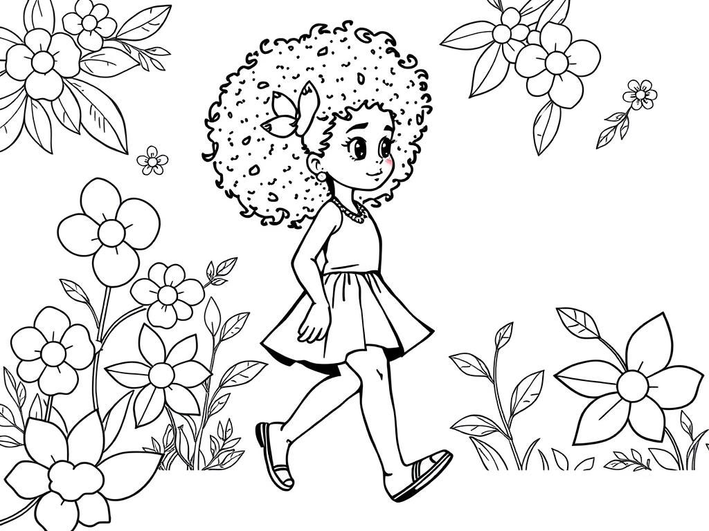 Pretty fashionable girl with afro curly hair. floral background walking - Free Printable Coloring Page