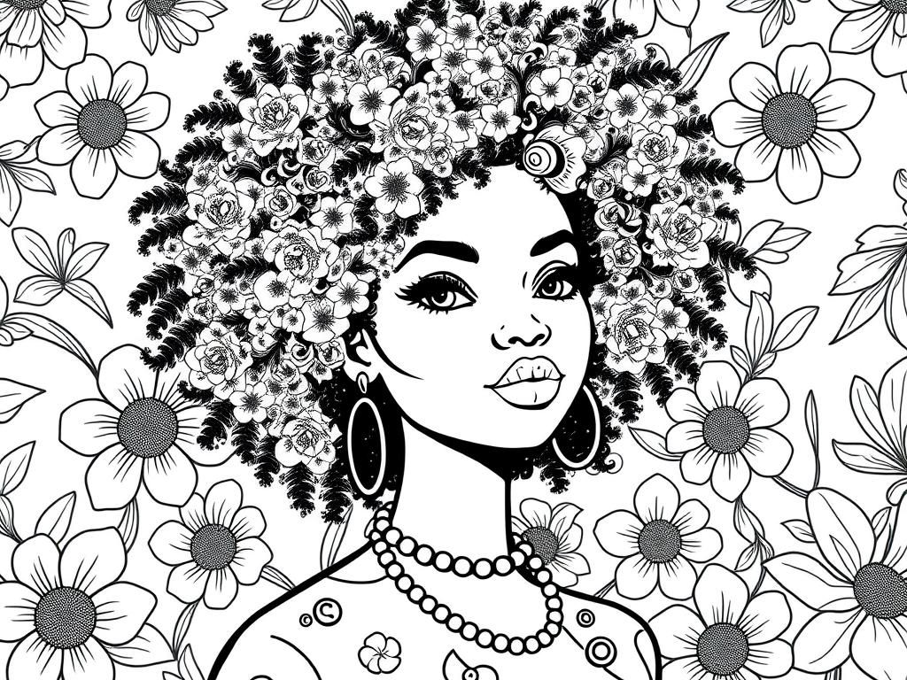 Pretty fashionable girl with afro curly hair. Mystical floral background - Free Printable Coloring Page