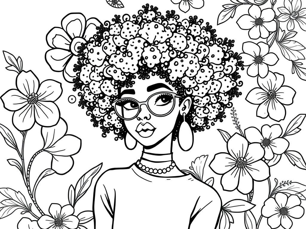Pretty fashionable girl with afro curly hair. Mystical floral background. Not too many back lines - Free Printable Coloring Page