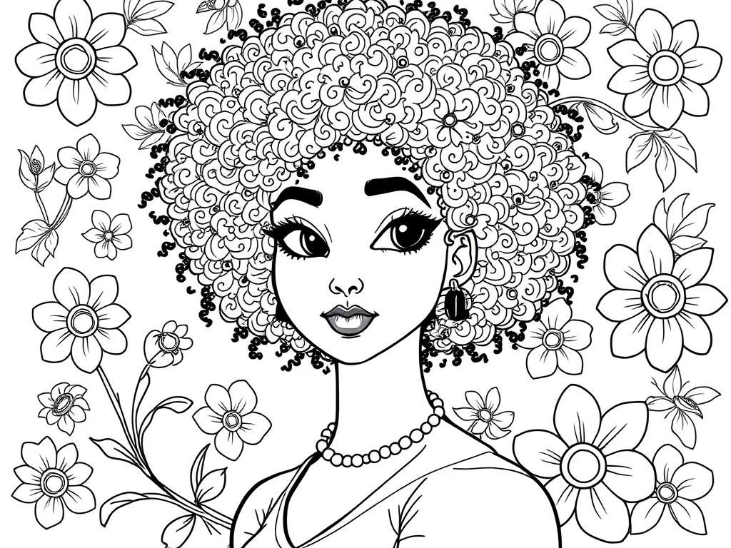 Pretty fashionable girl with afro curly hair. Mystical floral background. Not too many back lines - Free Printable Coloring Page