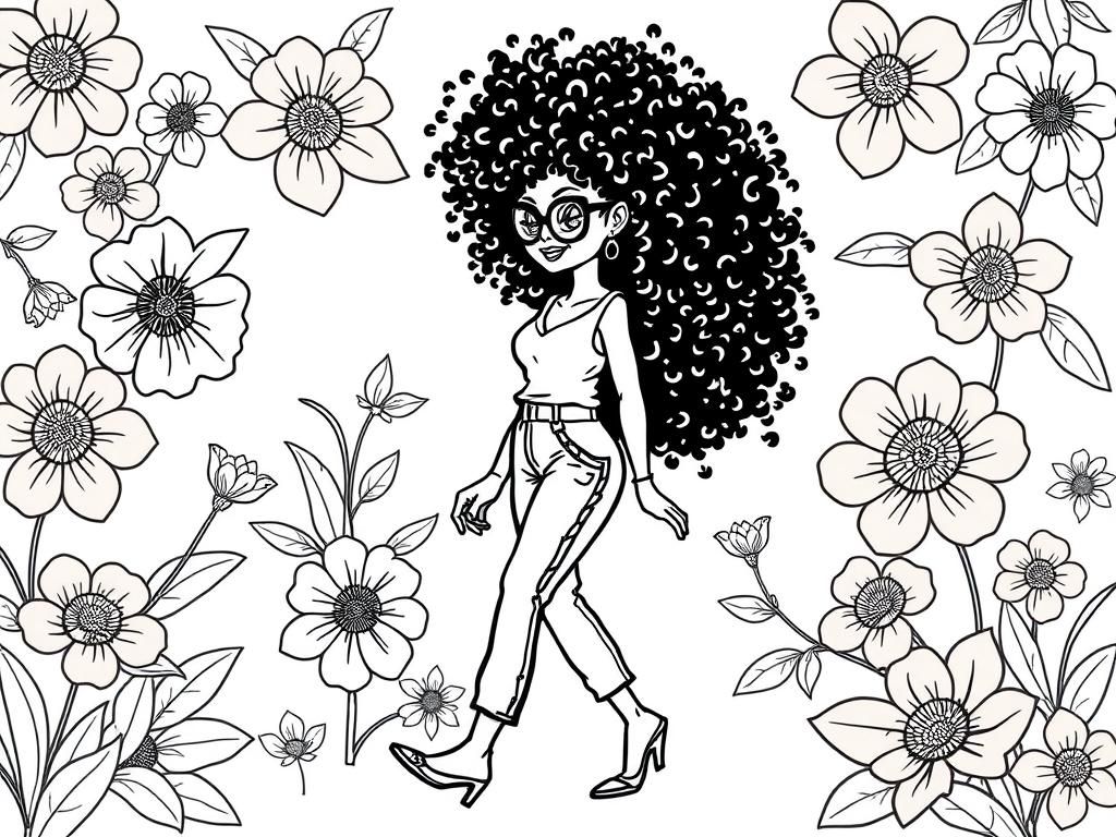 Pretty fashionable lady with afro curly hair. floral background walking - Free Printable Coloring Page
