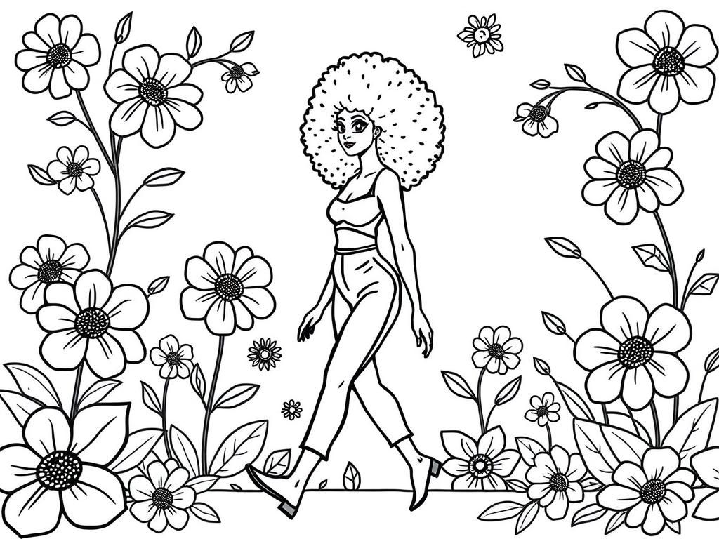 Pretty fashionable lady with afro curly hair. floral background walking - Free Printable Coloring Page