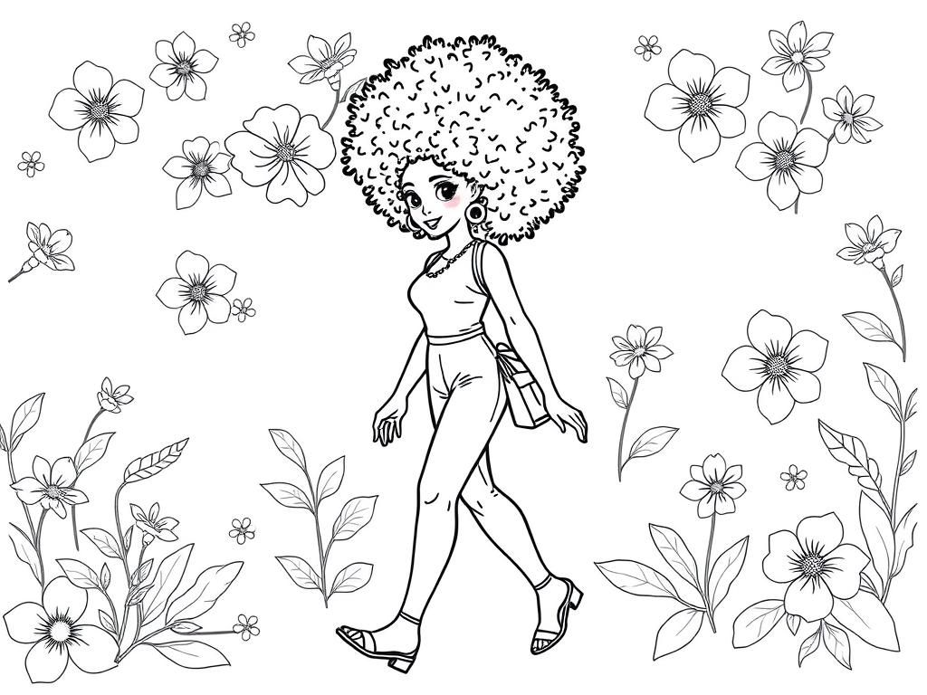 Pretty fashionable lady with afro curly hair. floral background walking
