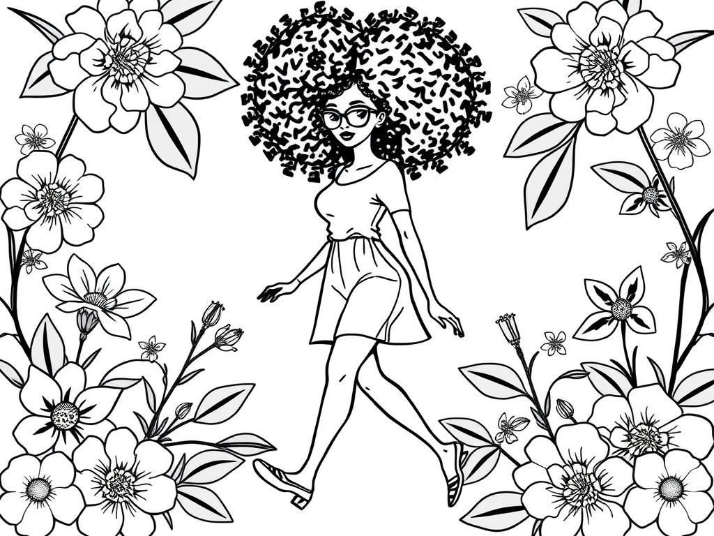 Pretty fashionable lady with afro curly hair. floral background walking. Fashion illustration style - Free Printable Coloring Page
