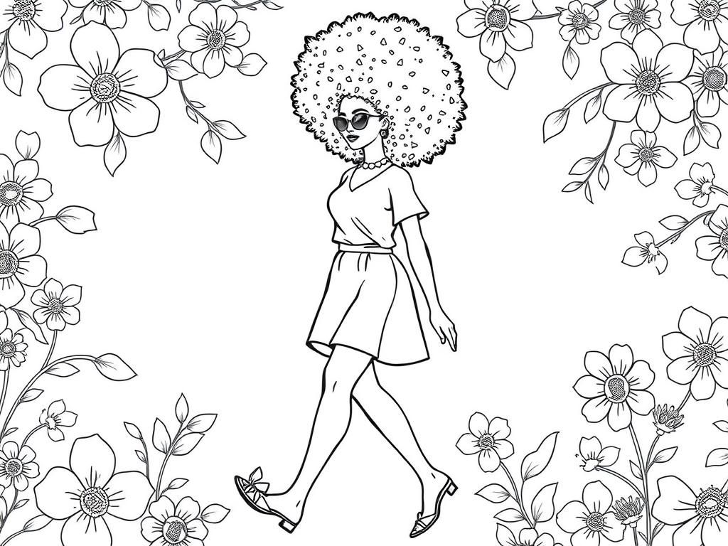 Pretty fashionable lady with afro curly hair. floral background walking. Fashion illustration style - Free Printable Coloring Page