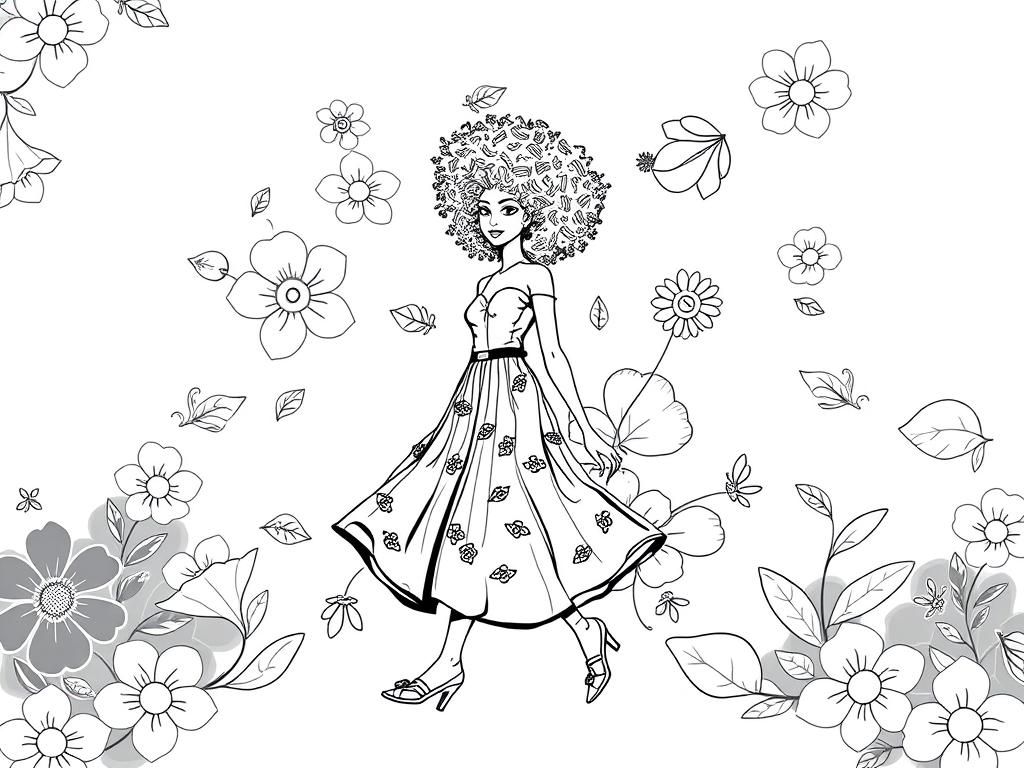 Pretty fashionable lady with afro curly hair. floral background walking. Fashion illustration style