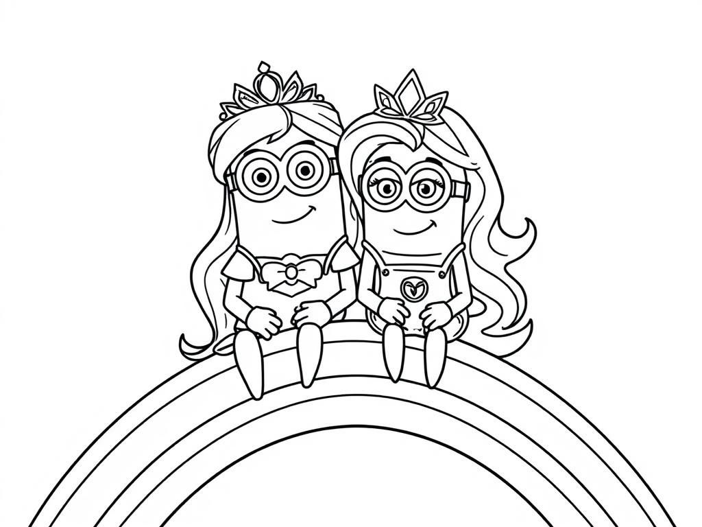 Princess Aurora and kevin the Minion sitting on top of Rainbow