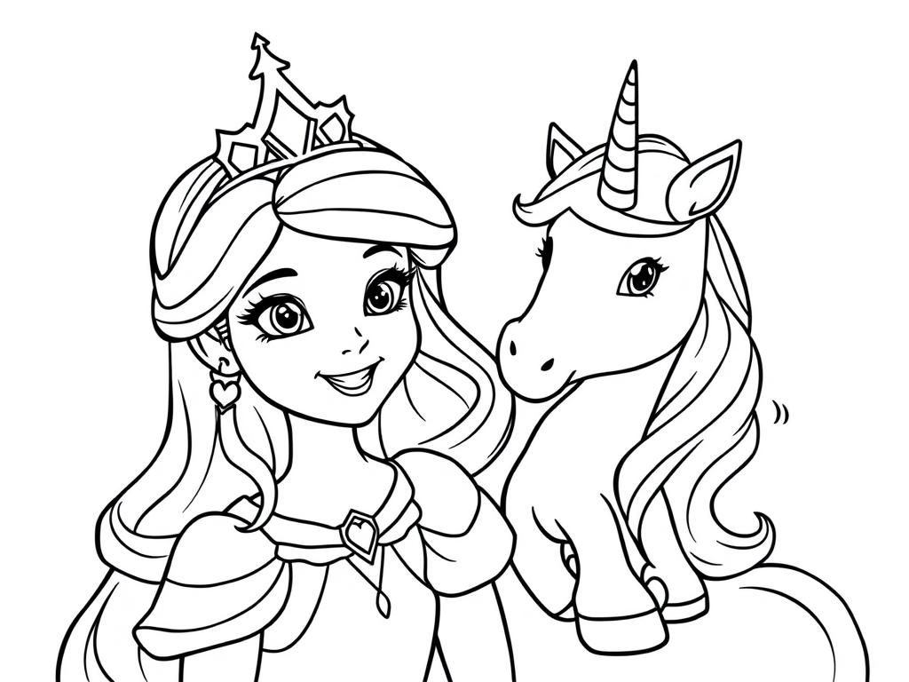Princess and Unicorn Coloring Page