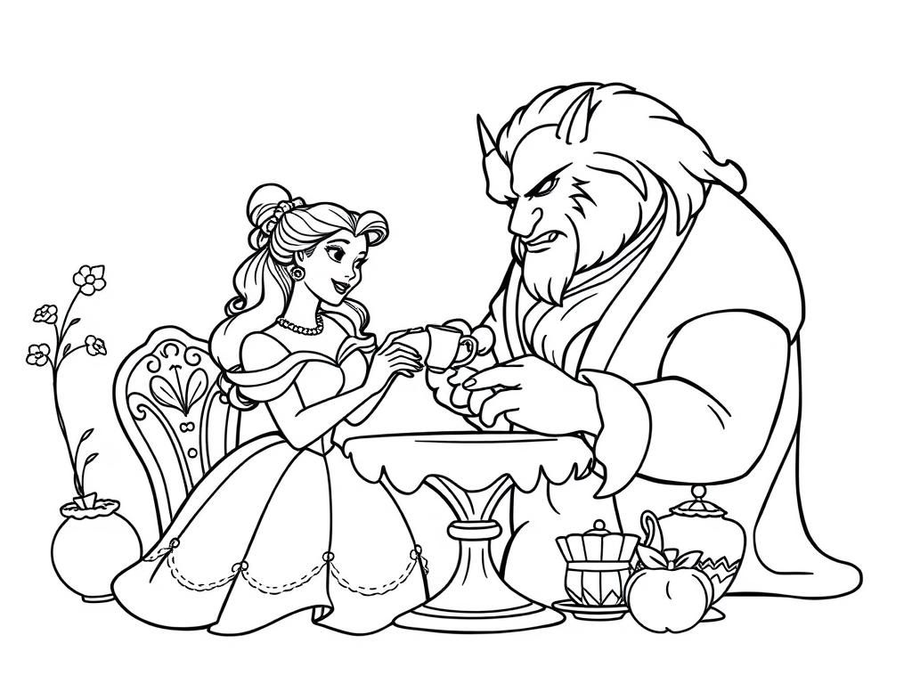 princess belle having tea with the beast - Free Printable Coloring Page