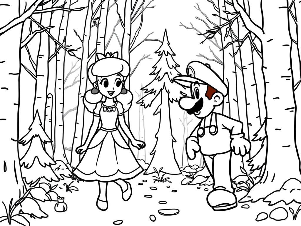 Mario and Princess Forest Fun Adventure Coloring Page