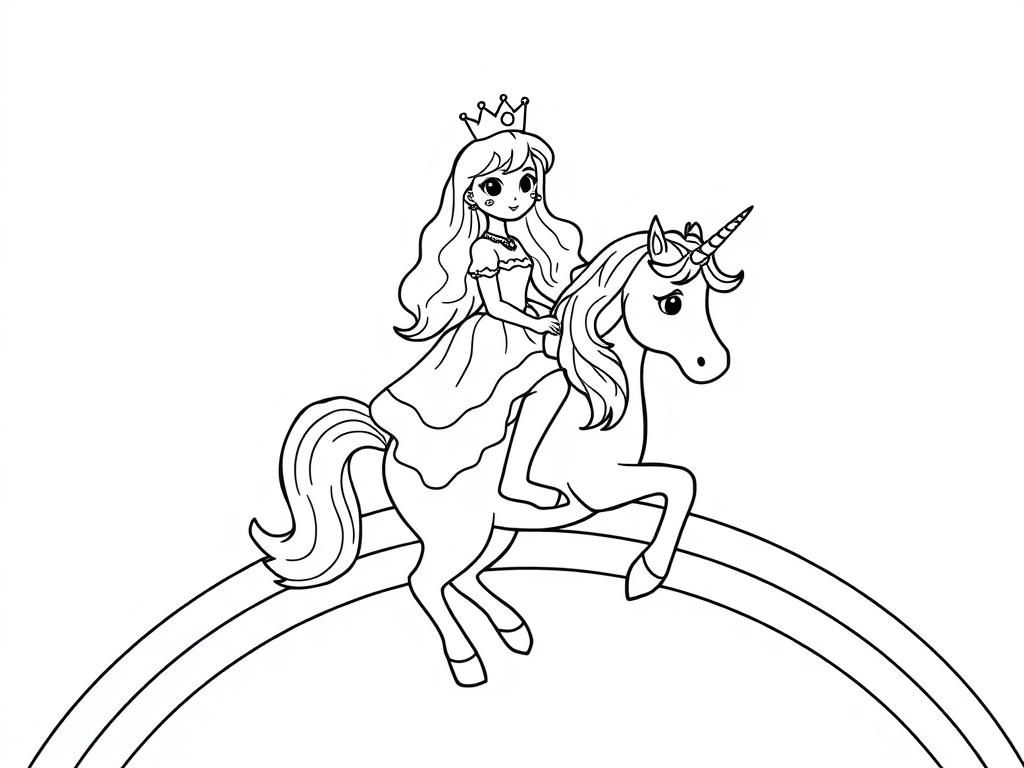 Preview of Princess Delilah wearing a crown and riding a unicorn across a rainbow