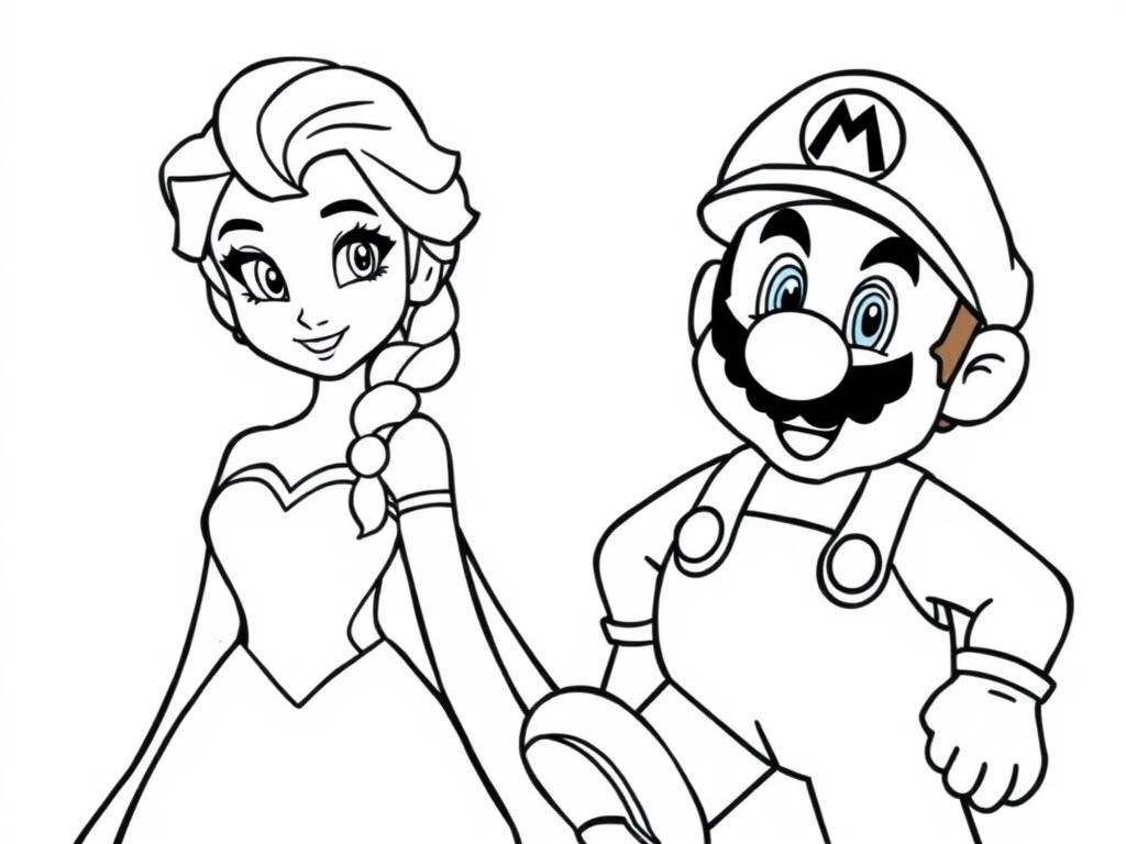 Elsa and Mario Coloring Page