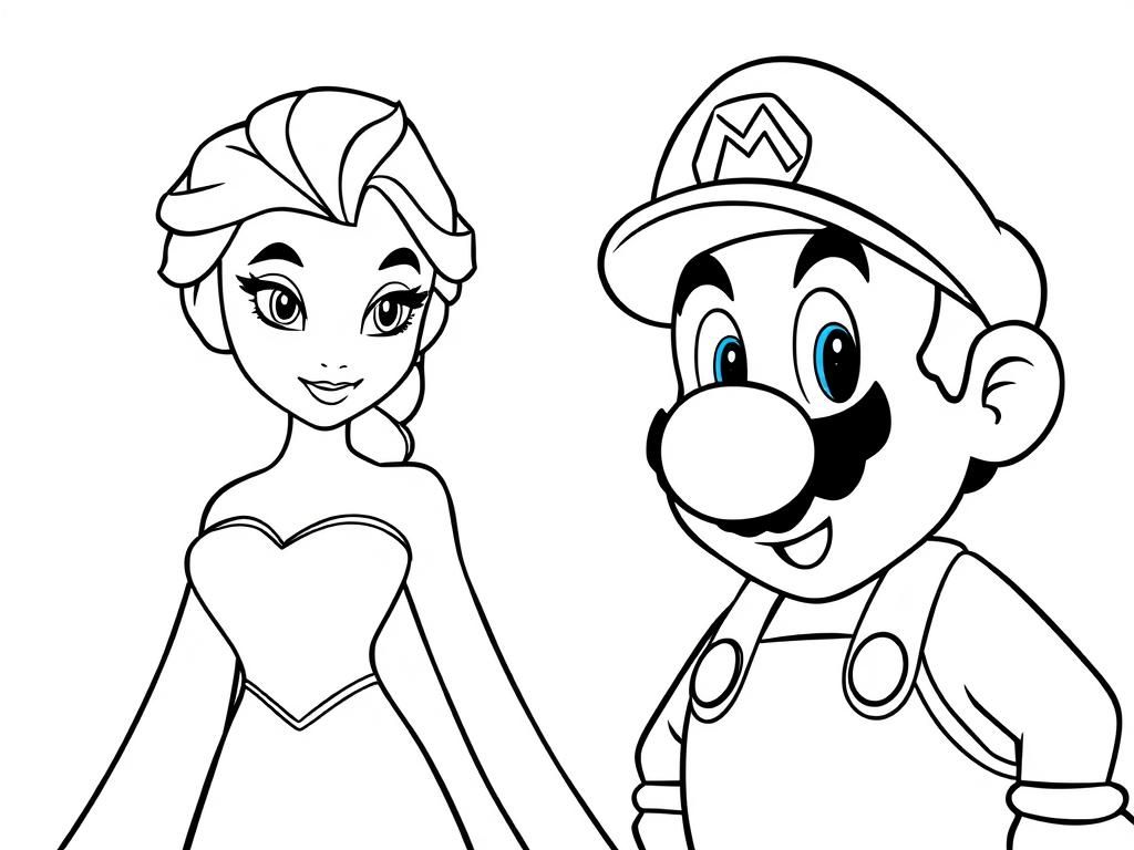 Elsa and Mario Coloring Page