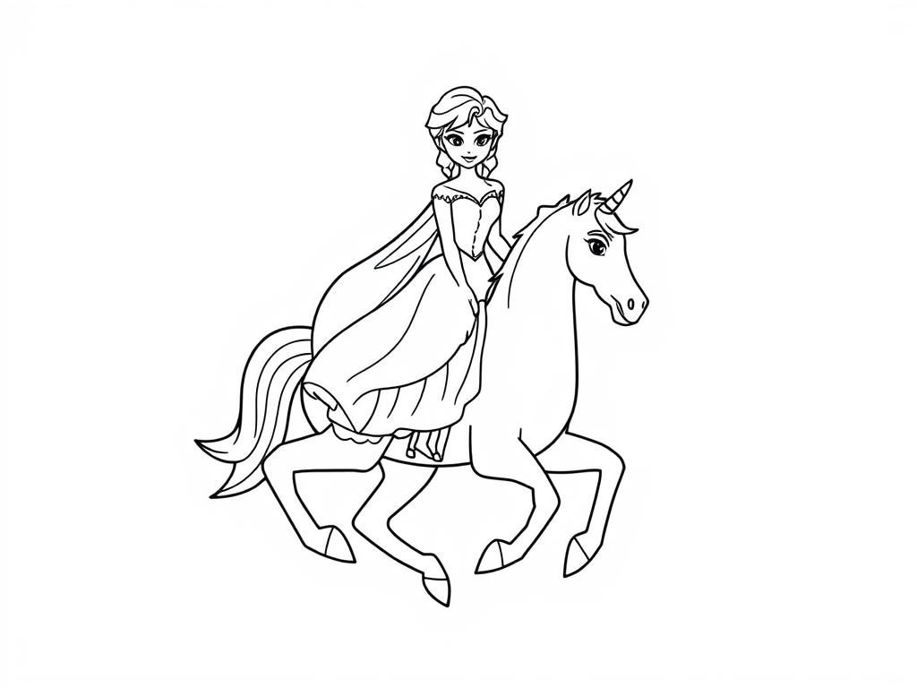 Elsa Riding Unicorn Horse Coloring Page