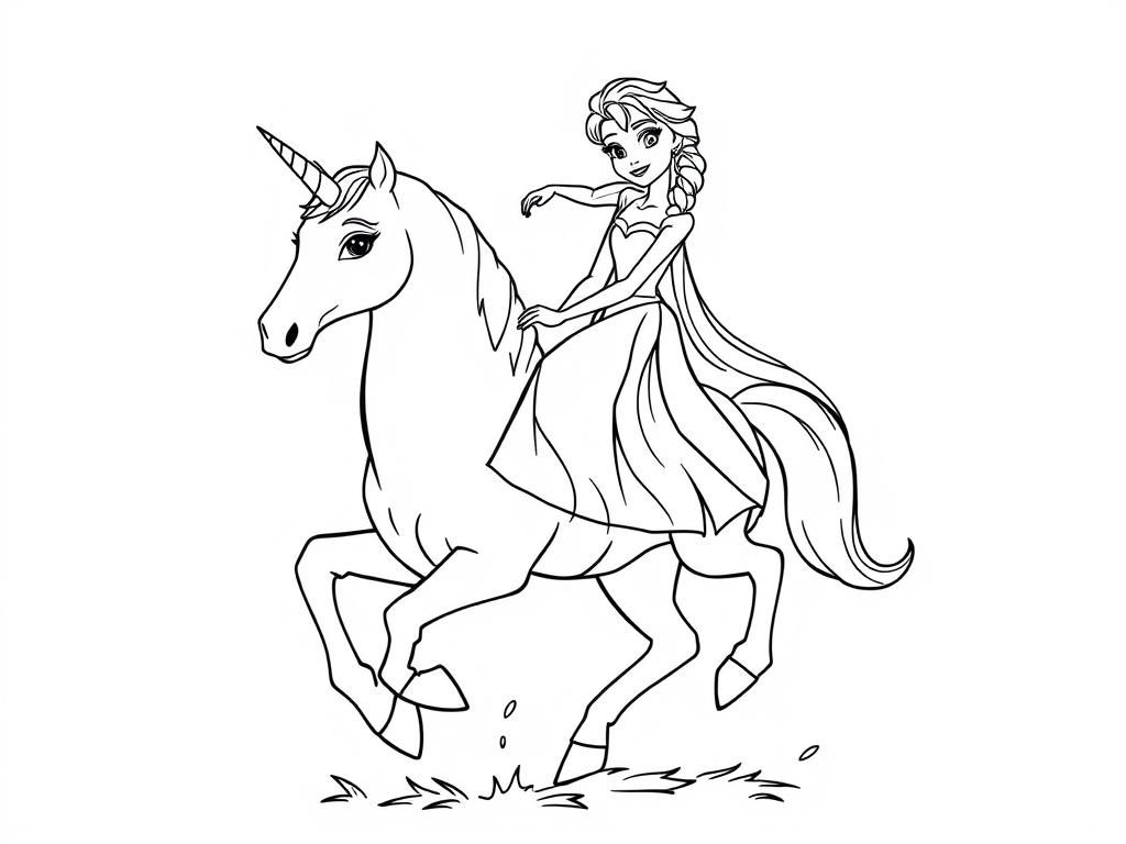 Elsa Riding Unicorn Coloring Page