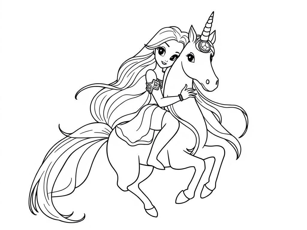 princess hair as rapunzel riding a unicorn with hair like rapunzel diamonds bracelets beautiful hair - Free Printable Coloring Page