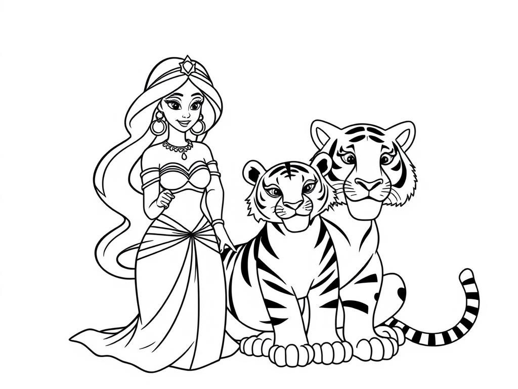 Princess and Tiger Coloring Page